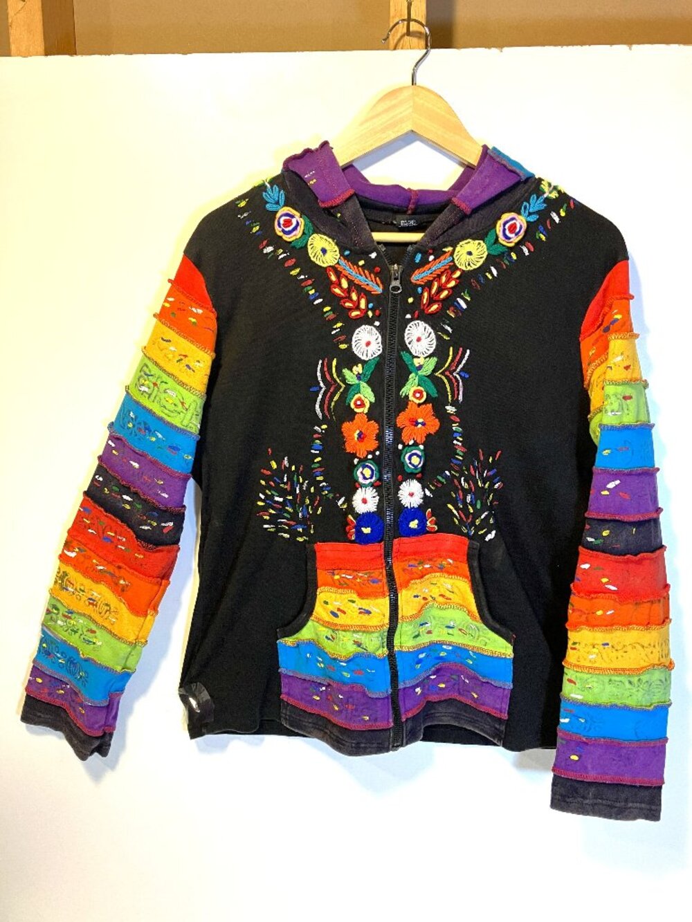 Festival Rainbow Hand-Embroidered Boho Hoodie.  Made in NEPAL.  Size XXL.  Nice!
